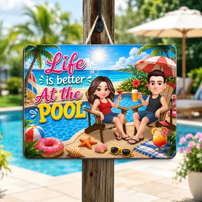 Personalized Wooden Sign, Poolside Couple Raising Drinks, Unique Summer Gift
