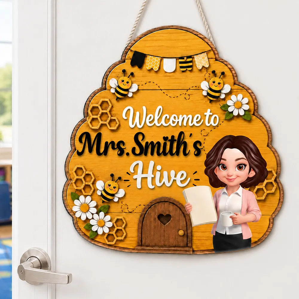 Personalized Wooden Sign with Teacher Holding a Book, Bee Hive Classroom Decor, Unique Back to School Gift