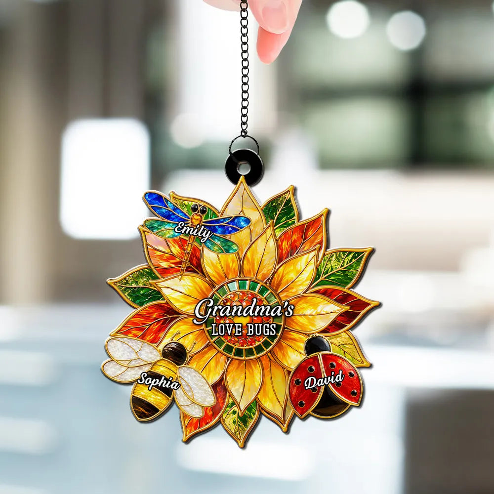 Personalized Acrylic Suncatcher Ornament, Sunflower Love Bugs Window Decor, Unique Gift for Grandma