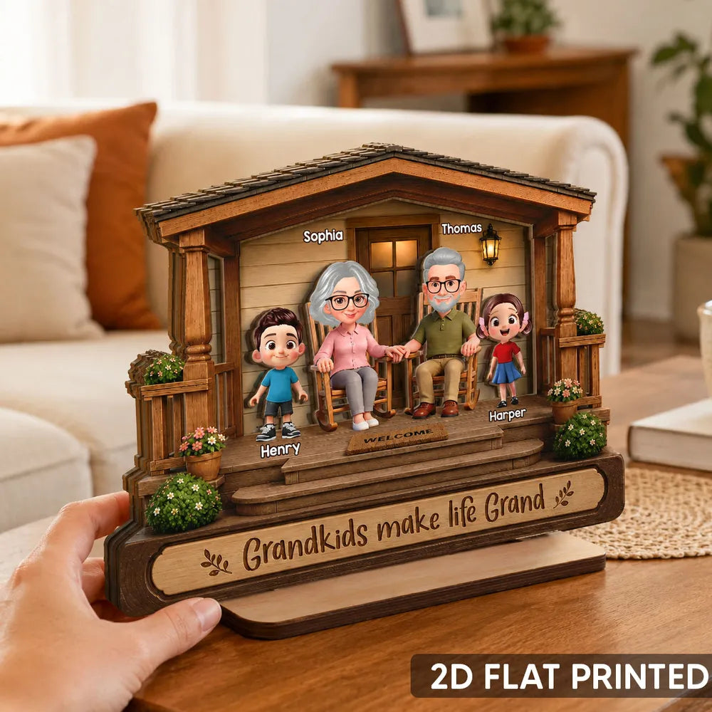 Personalized 2-Layer Wooden Plaque, Warm Cartoon Grandparents & Grandkids Porch Scene, Unique Gift for Grandparents