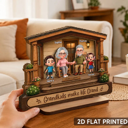 Personalized 2-Layer Wooden Plaque, Warm Cartoon Grandparents & Grandkids Porch Scene, Unique Gift for Grandparents