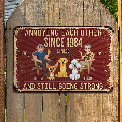 Personalized Rectangular Iron Sign, Seated Couple With Dogs, Vintage Red Unique Creative Gift