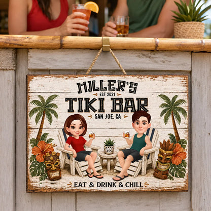 Personalized Tiki Bar Wooden Sign, Cartoon Couple Holding Drinks, Unique Gift For Couples