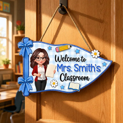 Personalized Wooden Sign for Teacher Classroom Door, Cute Pennant Welcome Decor, Unique Teacher Gift