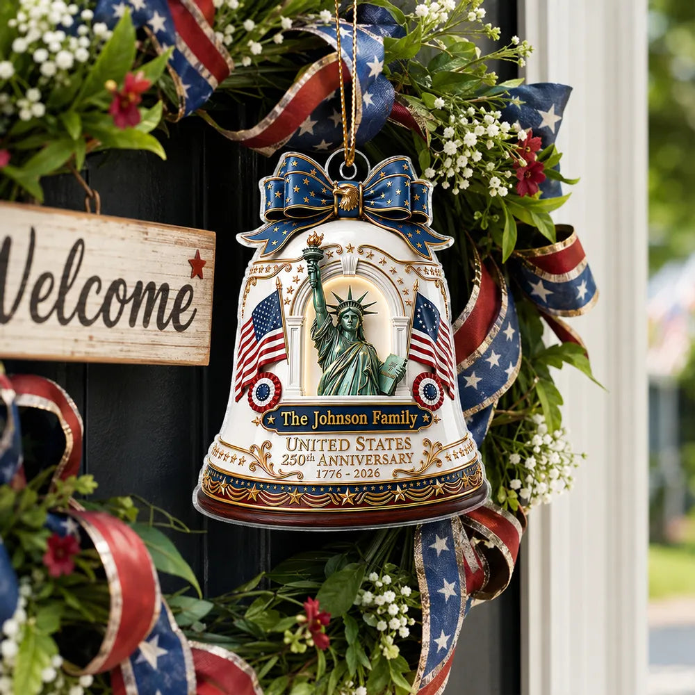 Personalized Acrylic Ornament With Statue of Liberty & Flags, Unique Americana Gift for Family