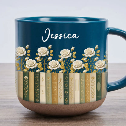 Personalized Pottery Mug, Floral Library Design for Book Lover, Unique Creative Gift for Morning Coffee