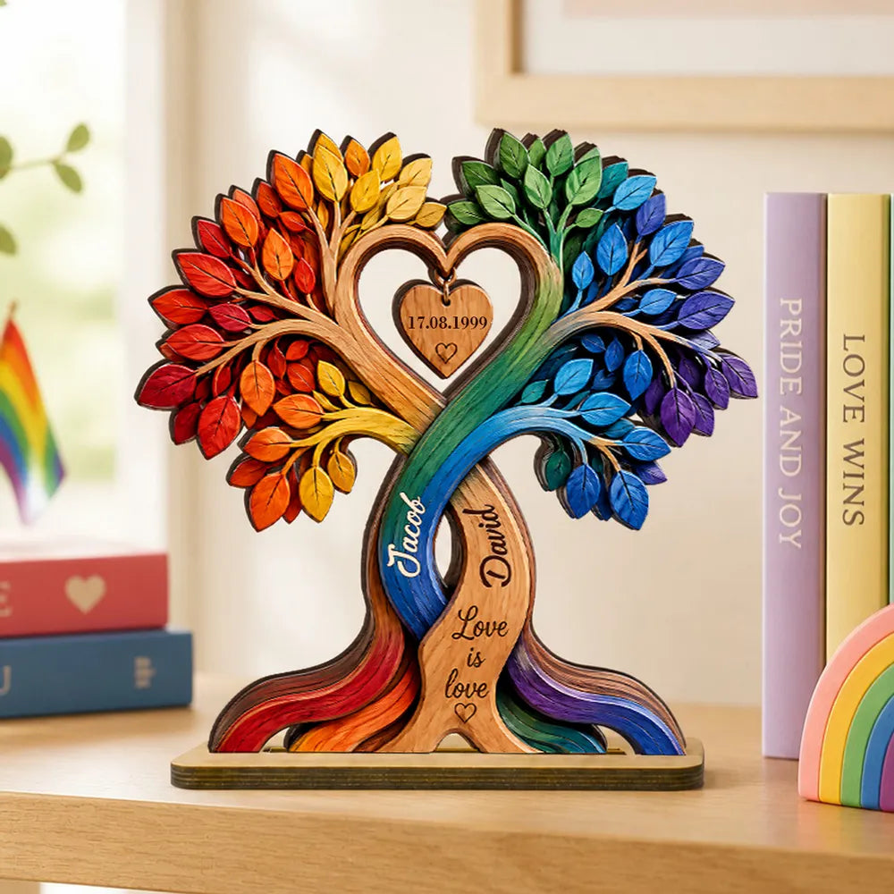 Personalized 2-Layer Wooden Plaque, Rainbow Tree of Love, Unique Gift for LGBT Couple