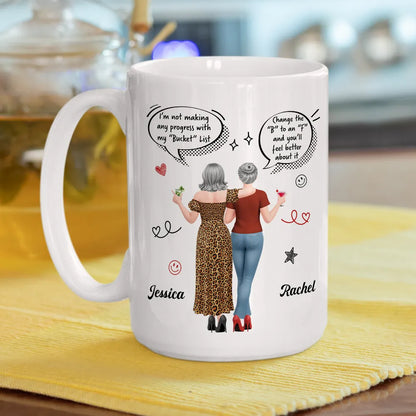 Personalized Ceramic Mug, Funny Bucket List Wordplay, Arm In Arm Friends, Unique Gift For Best Friend