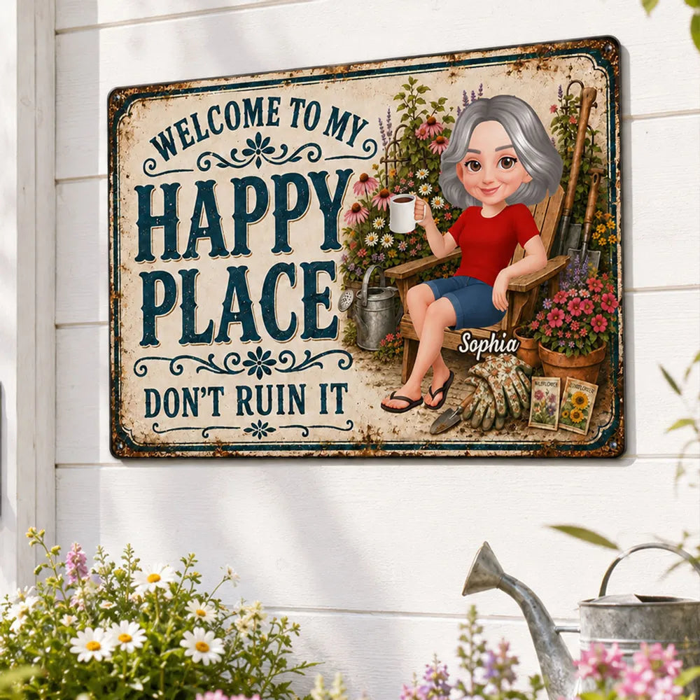 Personalized Rectangular Iron Sign with Relaxing Gardener, Vintage Happy Place Decor, Unique Gift for Mom