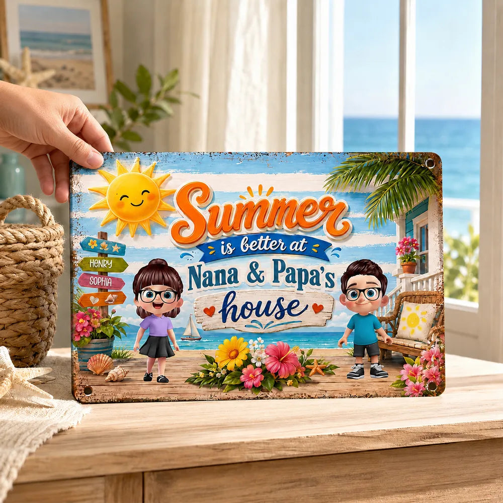 Personalized Rectangular Iron Sign, Summer at Grandparents' House Beach Porch Decor, Unique Gift for Nana & Papa