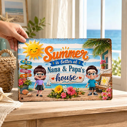 Personalized Rectangular Iron Sign, Summer at Grandparents' House Beach Porch Decor, Unique Gift for Nana & Papa