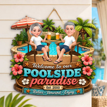 Personalized Wooden Sign, Poolside Paradise Seated Couple Art, Unique Gift for Summer Patio & Porch