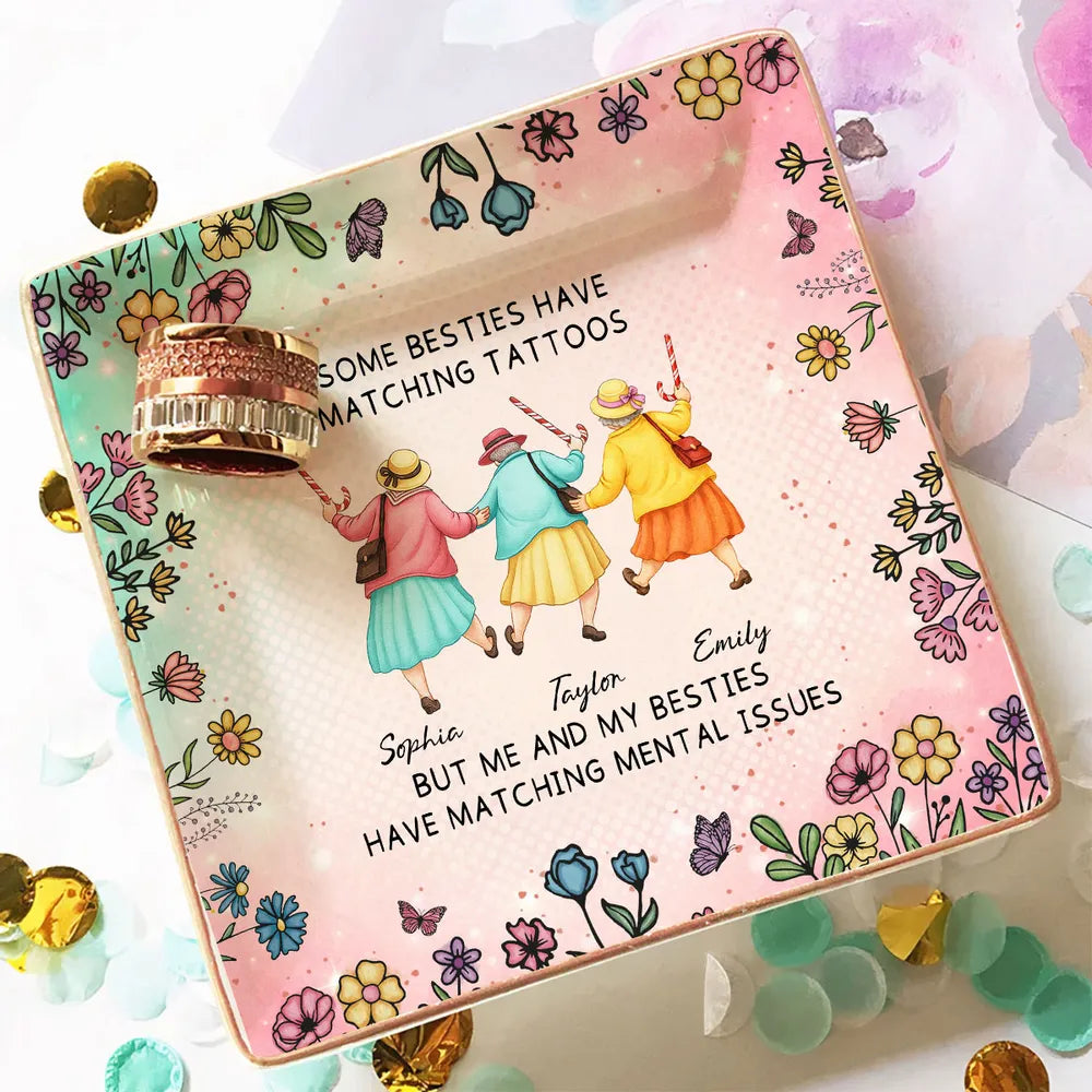 Personalized Jewelry Dish with Walking Friends Illustration, Funny Floral Decor, Creative Gift for Friend
