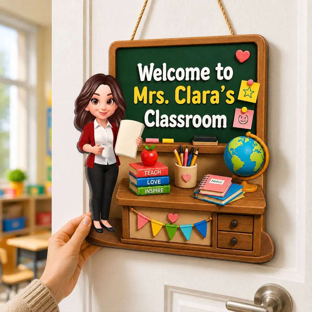 Personalized Wooden Sign with Standing Cartoon Teacher, Green Board Classroom Decor, Unique Teacher Gift