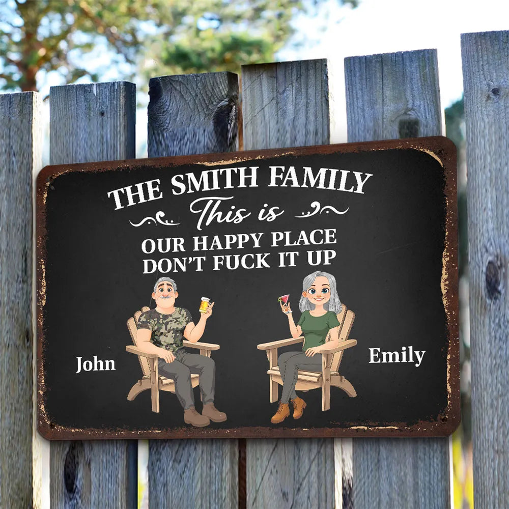 Personalized Rectangular Iron Sign, Seated Couple Happy Place Decor, Unique Gift for Family