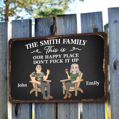 Personalized Rectangular Iron Sign, Seated Couple Happy Place Decor, Unique Gift for Family