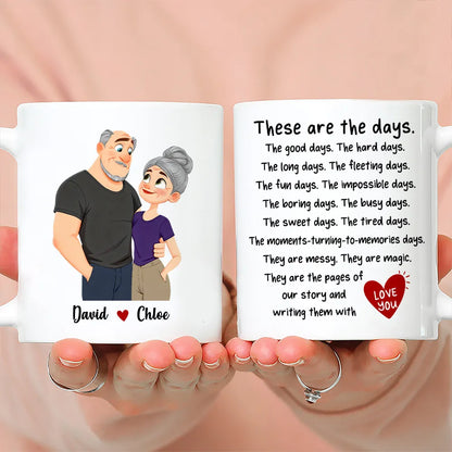 Personalized Ceramic Mug With Hugging Couple Art, These Are the Days, Unique Creative Gift for Partner