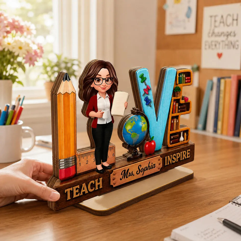 Teach Love Inspire 2-Layer Wooden Plaque, Colorful School Desk Decor, Creative Personalized Teacher Gift