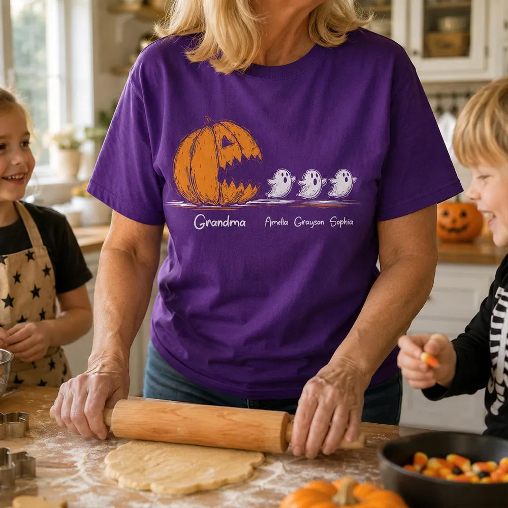 Personalized Grandma Classic Tee, Pumpkin Chasing Ghosts, Unique Halloween Gift for Family