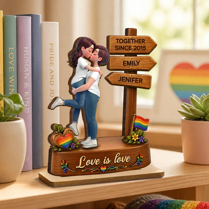 Personalized 2-Layer Wooden Plaque with Kissing LGBT Couple, Unique Gift for Partners & Pride Decor