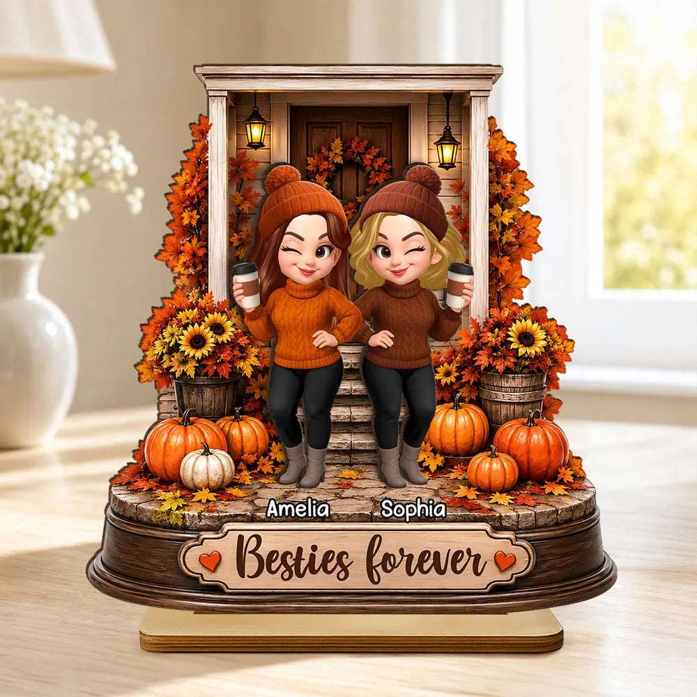 Personalized 2-Layer Wooden Plaque, Besties Forever Autumn Porch Scene, Unique Gift For Close Friend