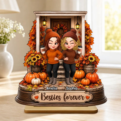 Personalized 2-Layer Wooden Plaque, Besties Forever Autumn Porch Scene, Unique Gift For Close Friend