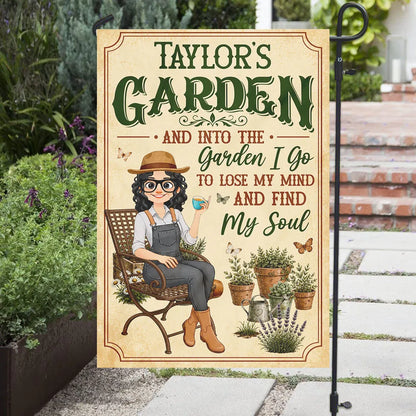 Personalized Garden Flag With Sitting Gardener, Plants & Butterflies, Unique Gift For Plant Lovers