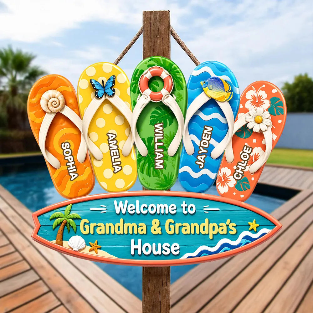 Wooden Sign with Sunny Flip Flops, Welcome to Grandma & Grandpa's House, Unique Creative Family Gift