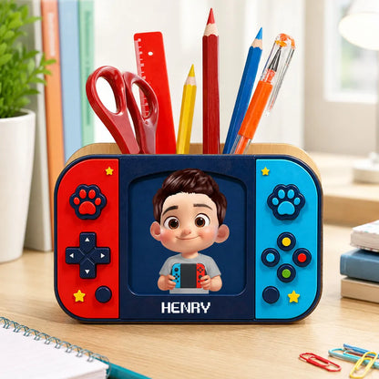 Personalized Wooden Pen Holder, Cute Gamer Boy Holding Controller, Unique Back To School Gift For Kids