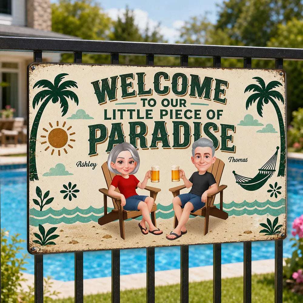 Personalized Rectangular Iron Sign, Seated Couple Pool Paradise Decor, Unique Gift for Couples