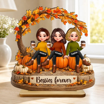 Personalized 2-Layer Wooden Plaque, Sitting Friends With Coffee, Autumn Pumpkin Scene, Unique Gift For Close Friends