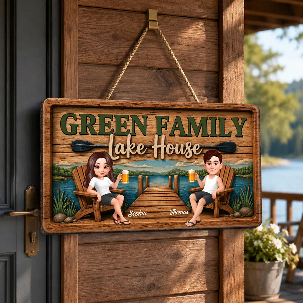 Personalized Wooden Sign, Seated Lake House Couple Illustration, Unique Gift For Family Retreat Decor