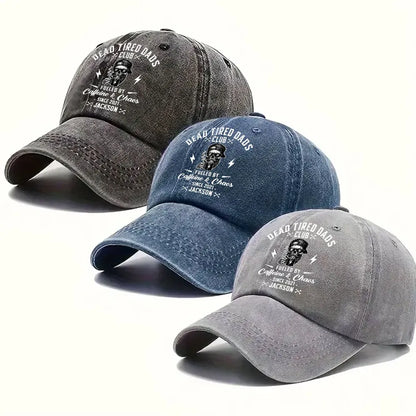 Personalized Washed Denim Baseball Cap for Dad, Dead Tired Dads Club Coffee Graphic, Unique Gift