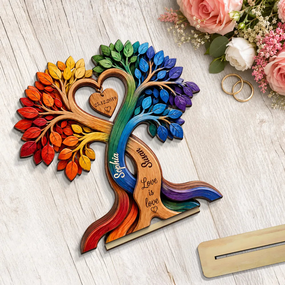 Personalized 2-Layer Wooden Plaque, Rainbow Tree of Love, Unique Gift for LGBT Couple