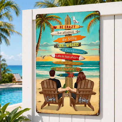 Personalized Rectangular Iron Sign With Holding Hands Beach Couple, Unique Gift for Summer Decor
