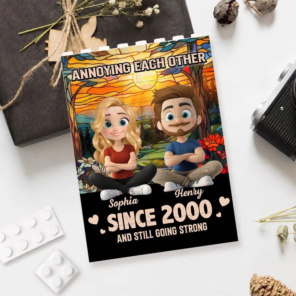 Personalized Building Brick Puzzle With Sitting Couple Avatars, Unique Creative Gift for Couple