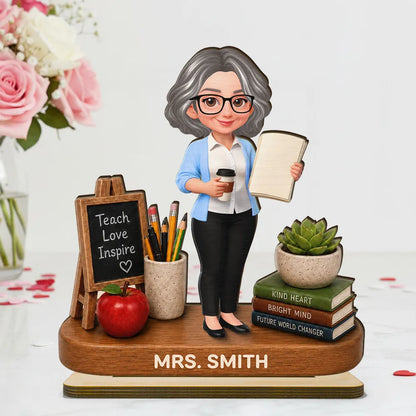Personalized 2-Layer Wooden Plaque, Standing Teacher with Coffee & Book, Unique Creative Gift