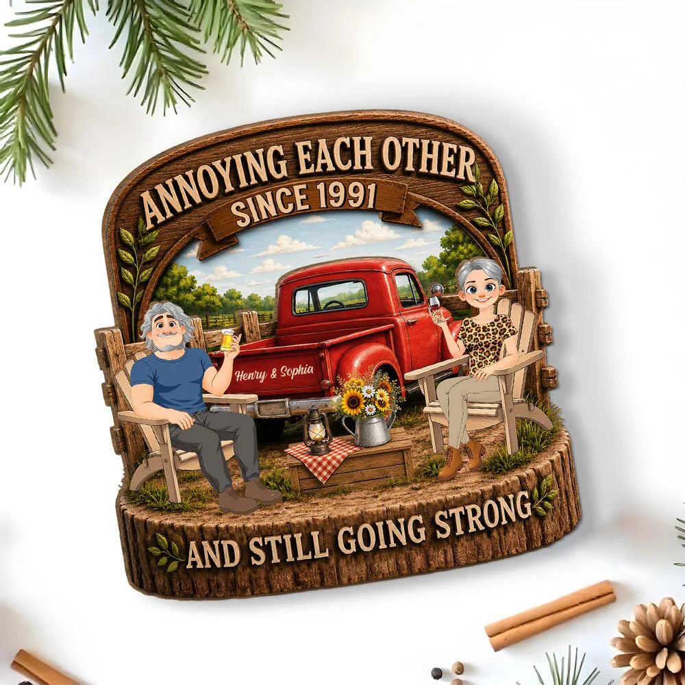Personalized 2-Layer Wooden Plaque With Rustic Couple & Red Truck, Unique Gift For Couple