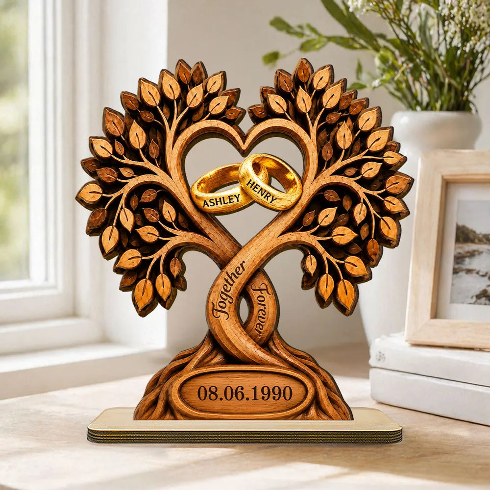Personalized 2-Layer Wooden Plaque With Heart Tree & Rings, Unique Anniversary Gift For Couples