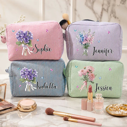 Personalized Stripes Makeup Bag with Birth Month Flower, Unique Creative Gift for Her, Vanity & Travel Pouch