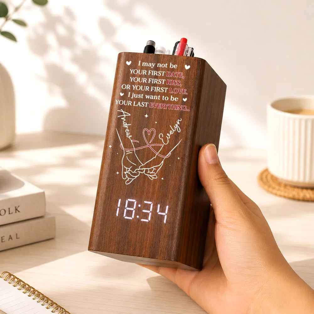Personalized Wooden Pen Holder Clock, Unique Creative Gift for Partner with Holding Hands Design