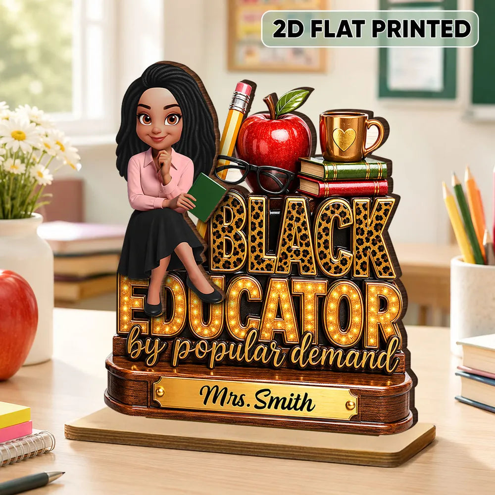 2-Layer Wooden Plaque, Black Educator Sitting Teacher Classroom Art, Unique Gift for Teacher