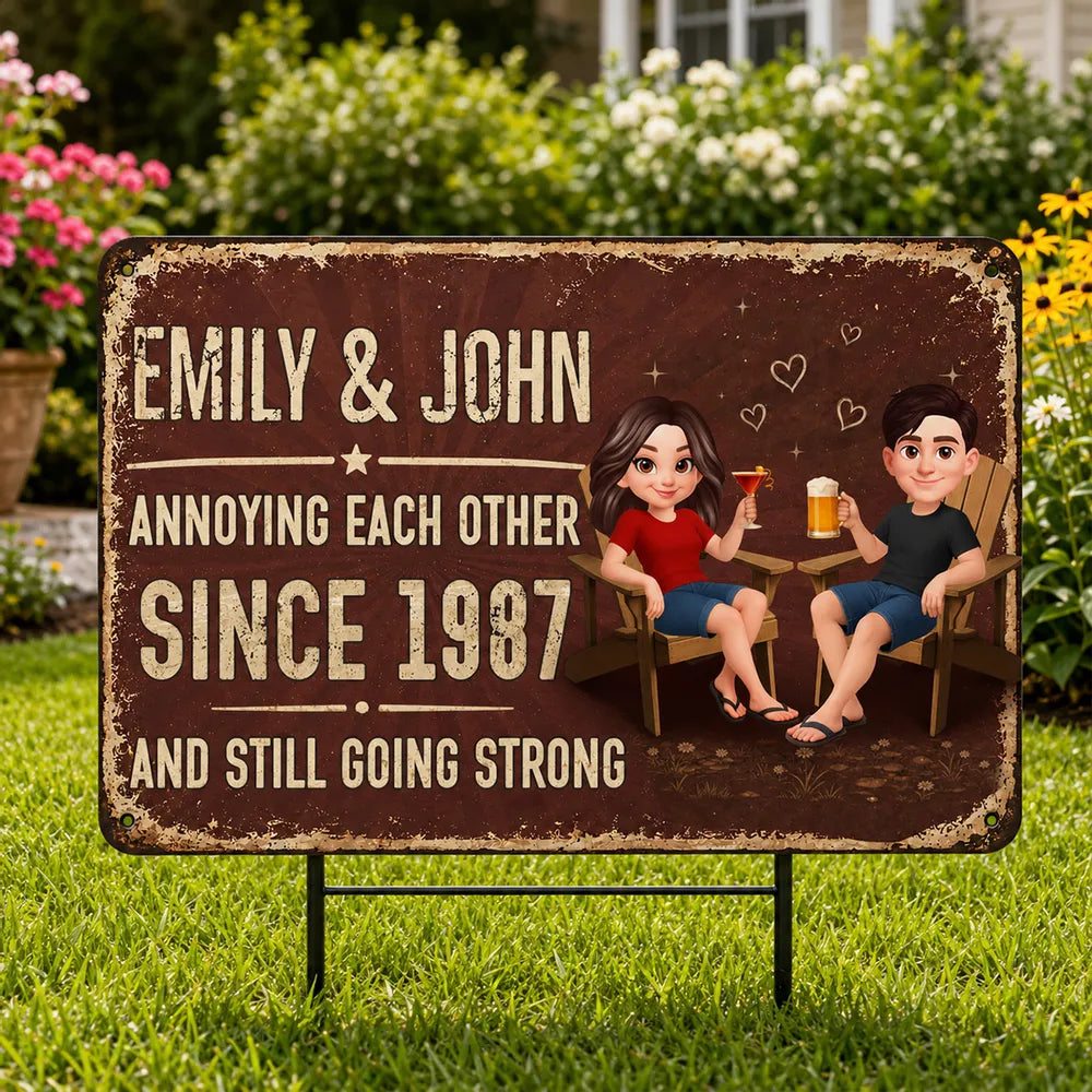 Personalized Rectangular Iron Sign, Unique Annoying Each Other Couple Gift with Garden Drinks