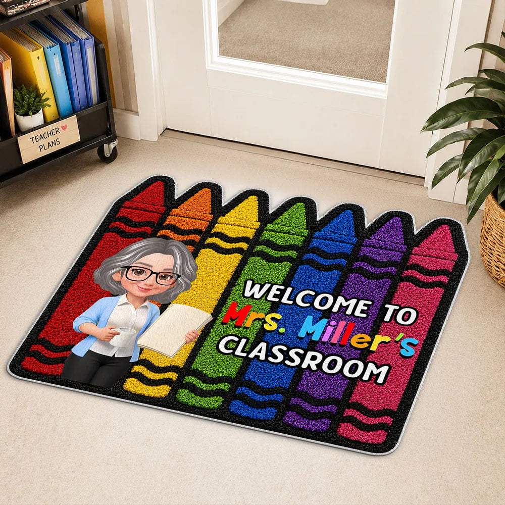 Colorful Crayon Shaped Doormat, Personalized Classroom Welcome, Unique Gift for Teacher