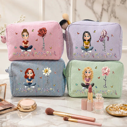 Personalized Stripes Makeup Bag, Sitting Cartoon Girl & Floral Rose Design, Unique Gift for Her