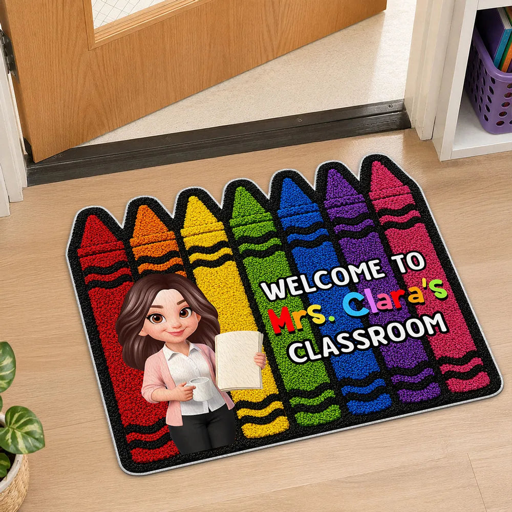 Colorful Crayon Shaped Doormat, Personalized Classroom Welcome, Unique Gift for Teacher