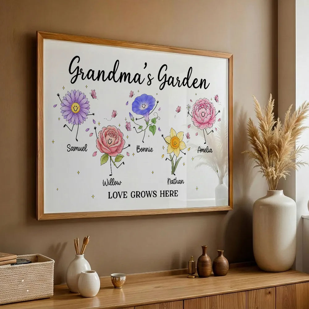 Personalized Grandma's Garden Canvas With Soft Floral Doodles, Unique Gift For Grandma & Home Decor