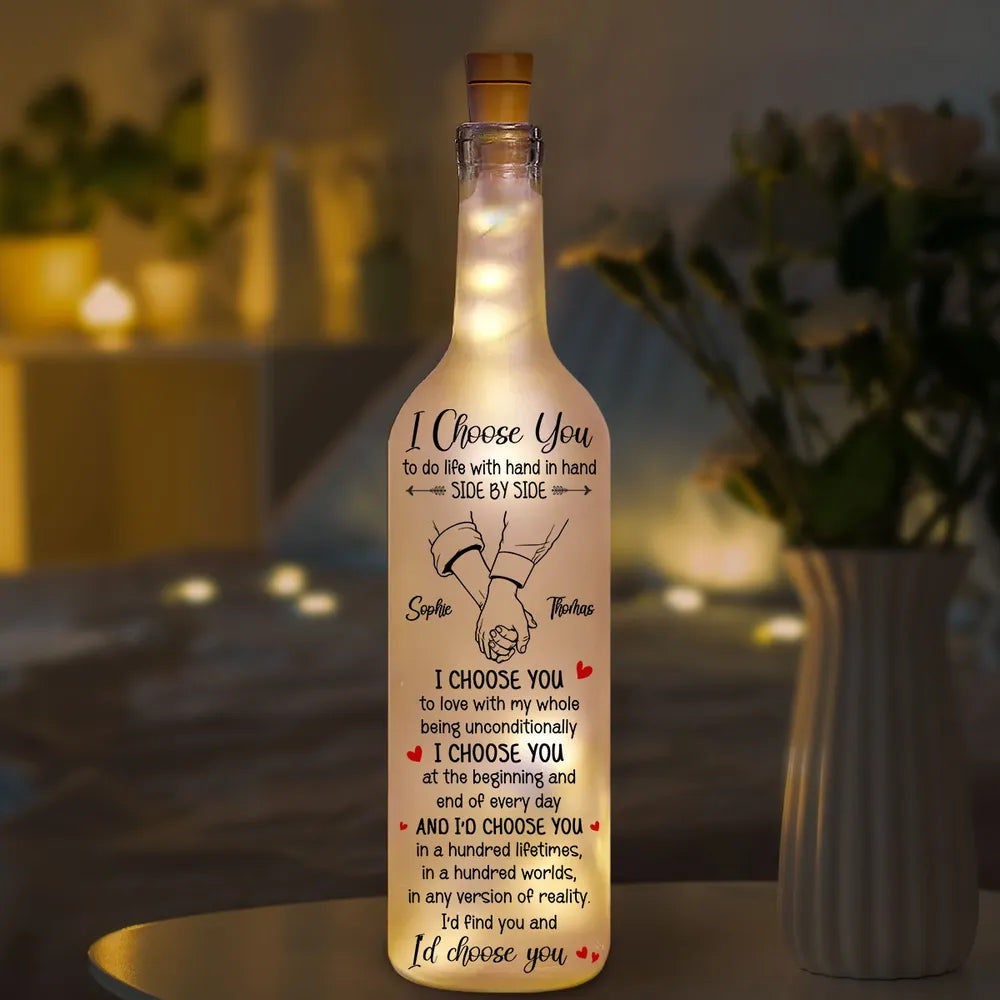 Personalized Bottle Lamp with I Choose You Quote, Holding Hands Design, Unique Gift for Couples