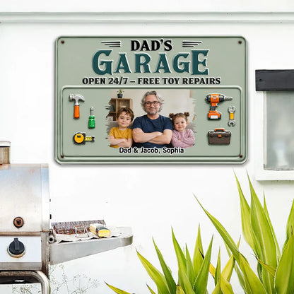 Personalized Rectangular Iron Sign, Arms-Crossed Dad & Kids Garage Photo, Creative Gift for Dad
