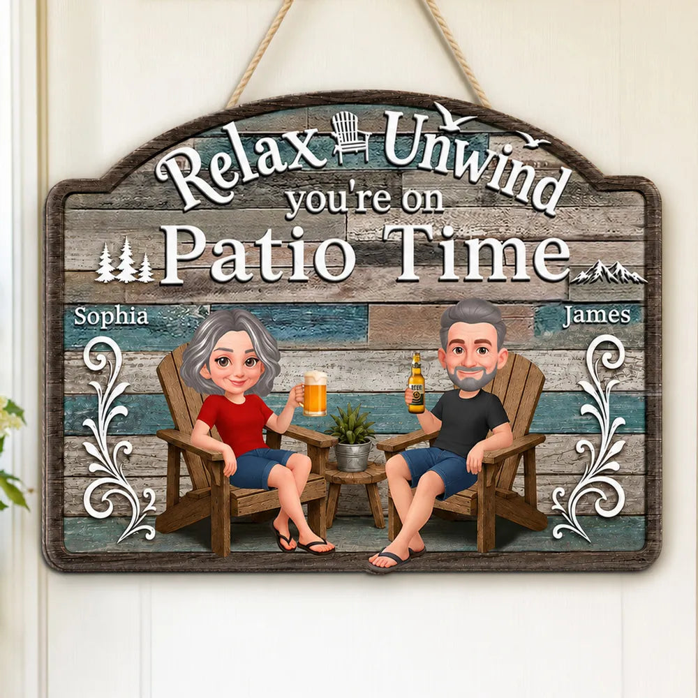 Personalized Wooden Sign, Relax & Unwind Patio Time Couple Cartoon, Unique Gift for Patio Lovers